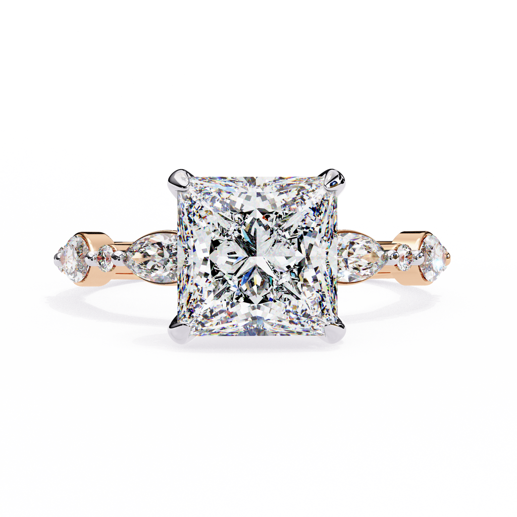 Princess Cut Diamond Engagement Ring – 2.28 CT Solitaire Ring with Hidden Halo & Marquise Round Side Stones– Lustraa’s Fancy Solitaire Ring