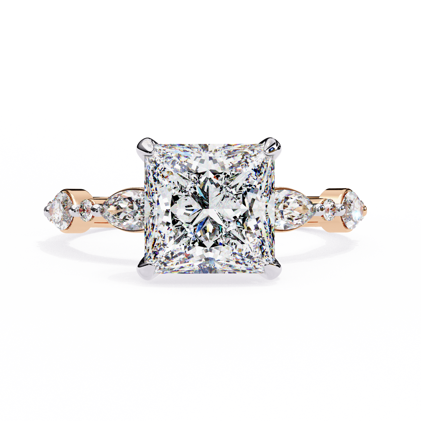 2.28 Carat Princess Cut Diamond Solitaire Ring with Hidden Halo – Marquise & Round Side Stone Engagement Ring – Lustraa’s Fancy Solitaire Ring