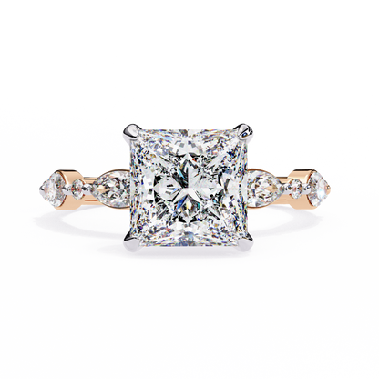 2.28 Carat Princess Cut Diamond Solitaire Ring with Hidden Halo – Marquise & Round Side Stone Engagement Ring – Lustraa’s Fancy Solitaire Ring