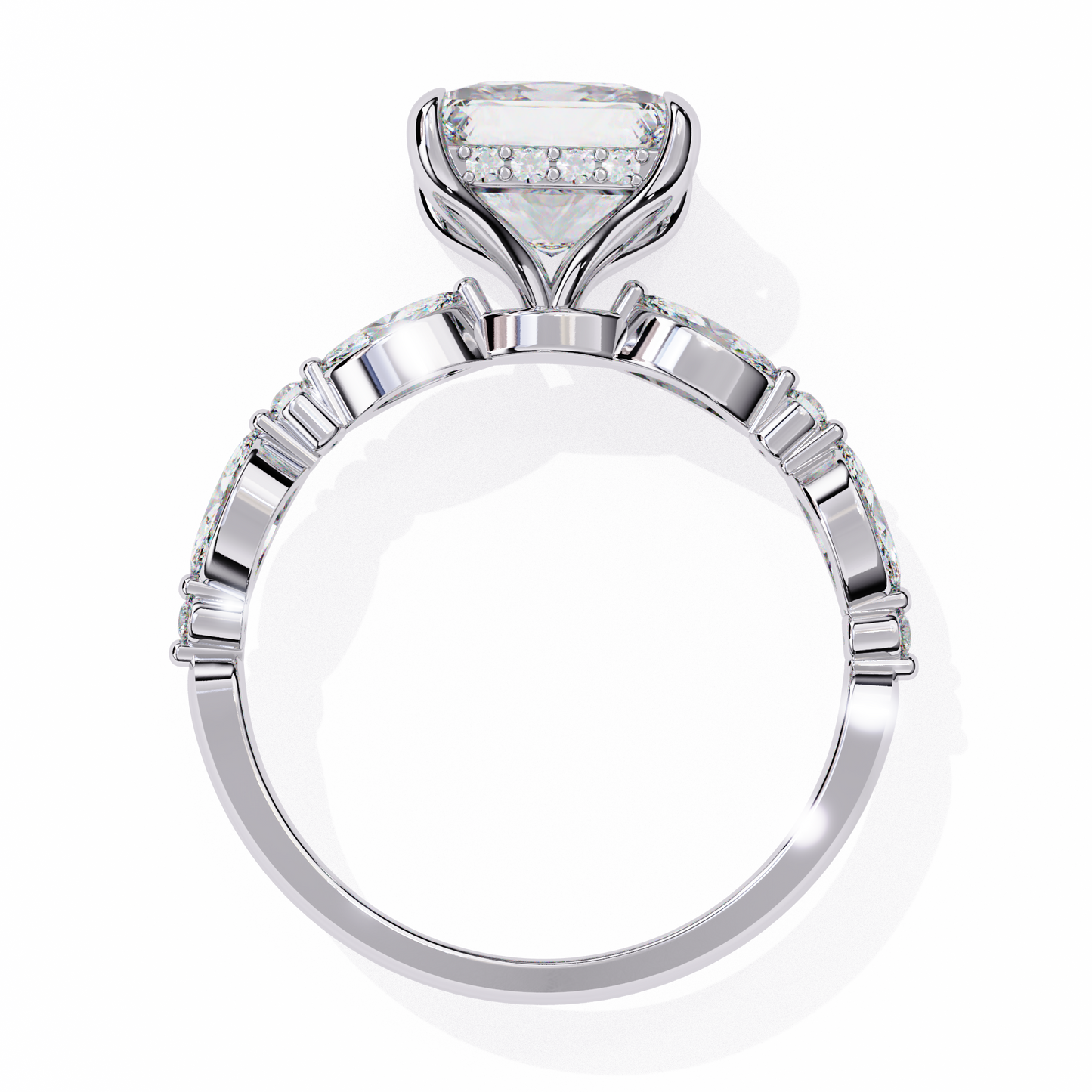 2.28 Carat Princess Cut Diamond Solitaire Ring with Hidden Halo – Marquise & Round Side Stone Engagement Ring – Lustraa’s Fancy Solitaire Ring