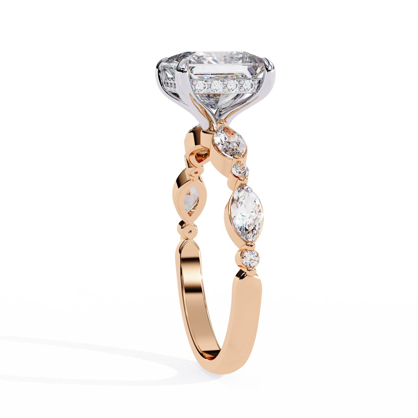 2.28 Carat Princess Cut Diamond Solitaire Ring with Hidden Halo – Marquise & Round Side Stone Engagement Ring – Lustraa’s Fancy Solitaire Ring