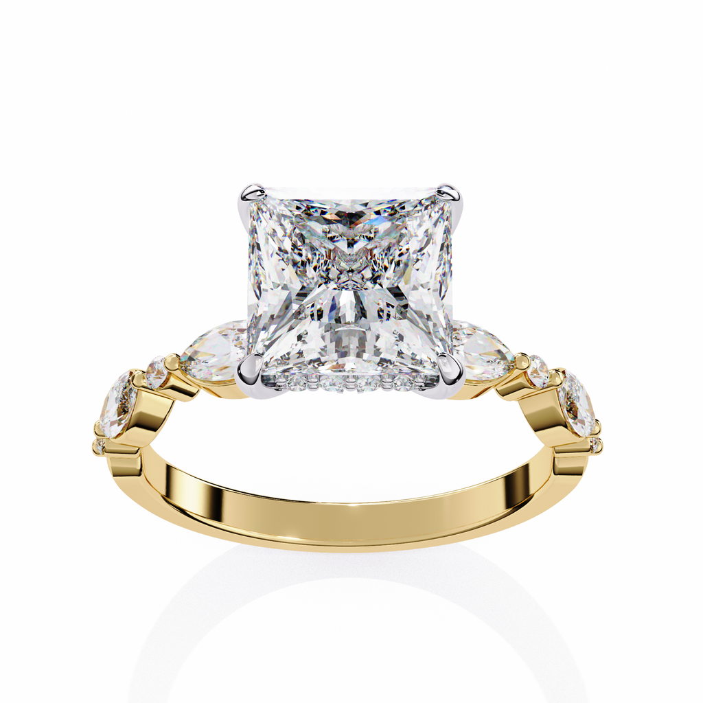 Princess Cut Diamond Engagement Ring – 2.28 CT Solitaire Ring with Hidden Halo & Marquise Round Side Stones– Lustraa’s Fancy Solitaire Ring