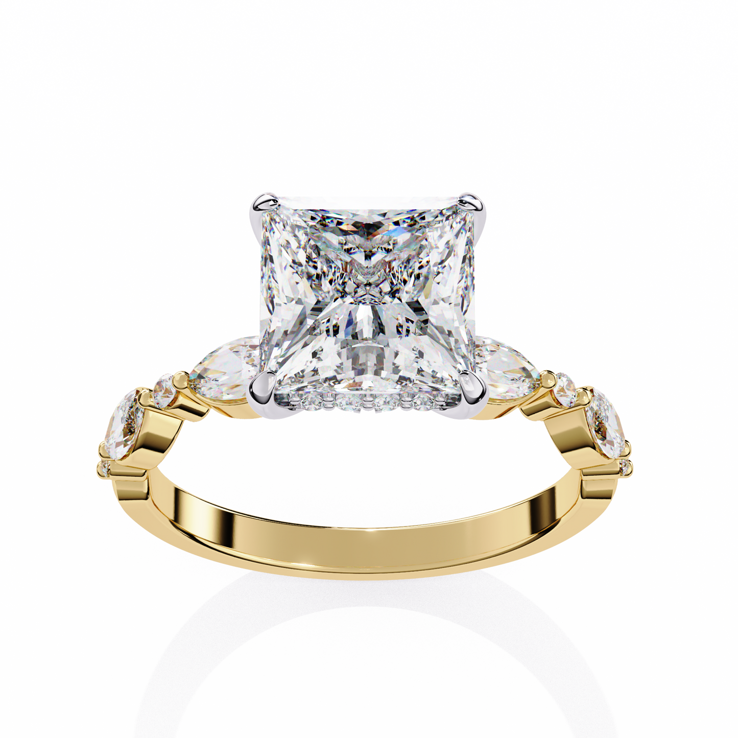 2.28 Carat Princess Cut Diamond Solitaire Ring with Hidden Halo – Marquise & Round Side Stone Engagement Ring – Lustraa’s Fancy Solitaire Ring