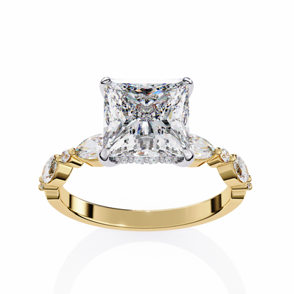 2.28 Carat Princess Cut Diamond Solitaire Ring with Hidden Halo – Marquise & Round Side Stone Engagement Ring – Lustraa’s Fancy Solitaire Ring