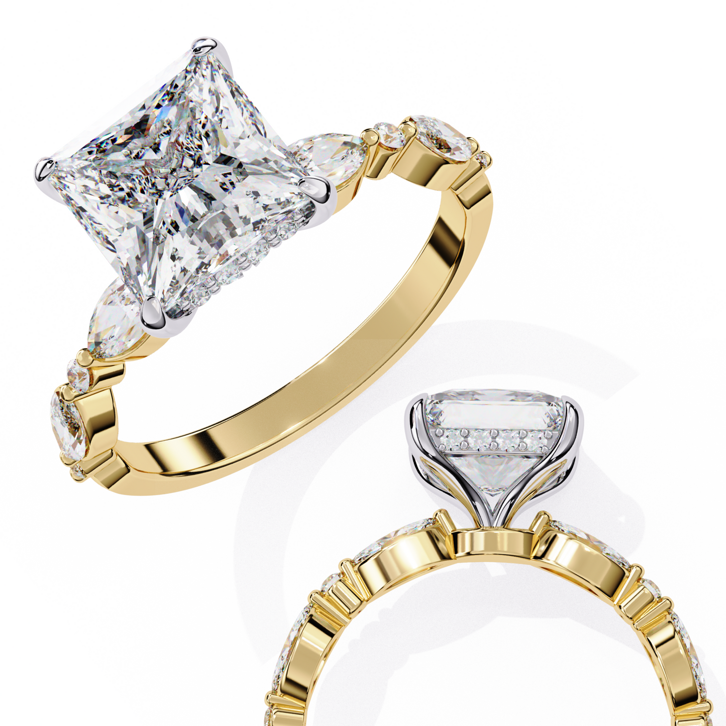 2.28 Carat Princess Cut Diamond Solitaire Ring with Hidden Halo – Marquise & Round Side Stone Engagement Ring – Lustraa’s Fancy Solitaire Ring