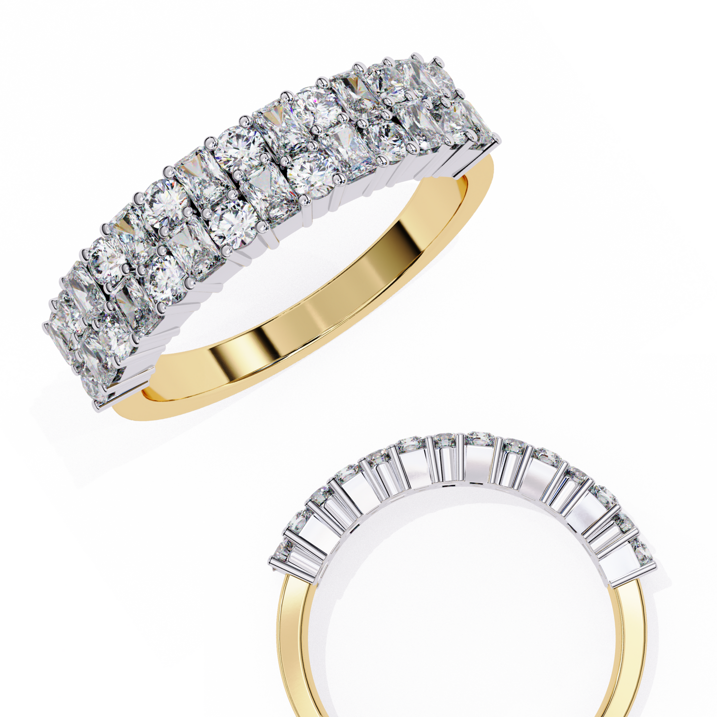 Radiant and Round Diamond Stacked Ring – Double Band Half Eternity Statement Engagement Ring – Lustraa’s Eternity Ring