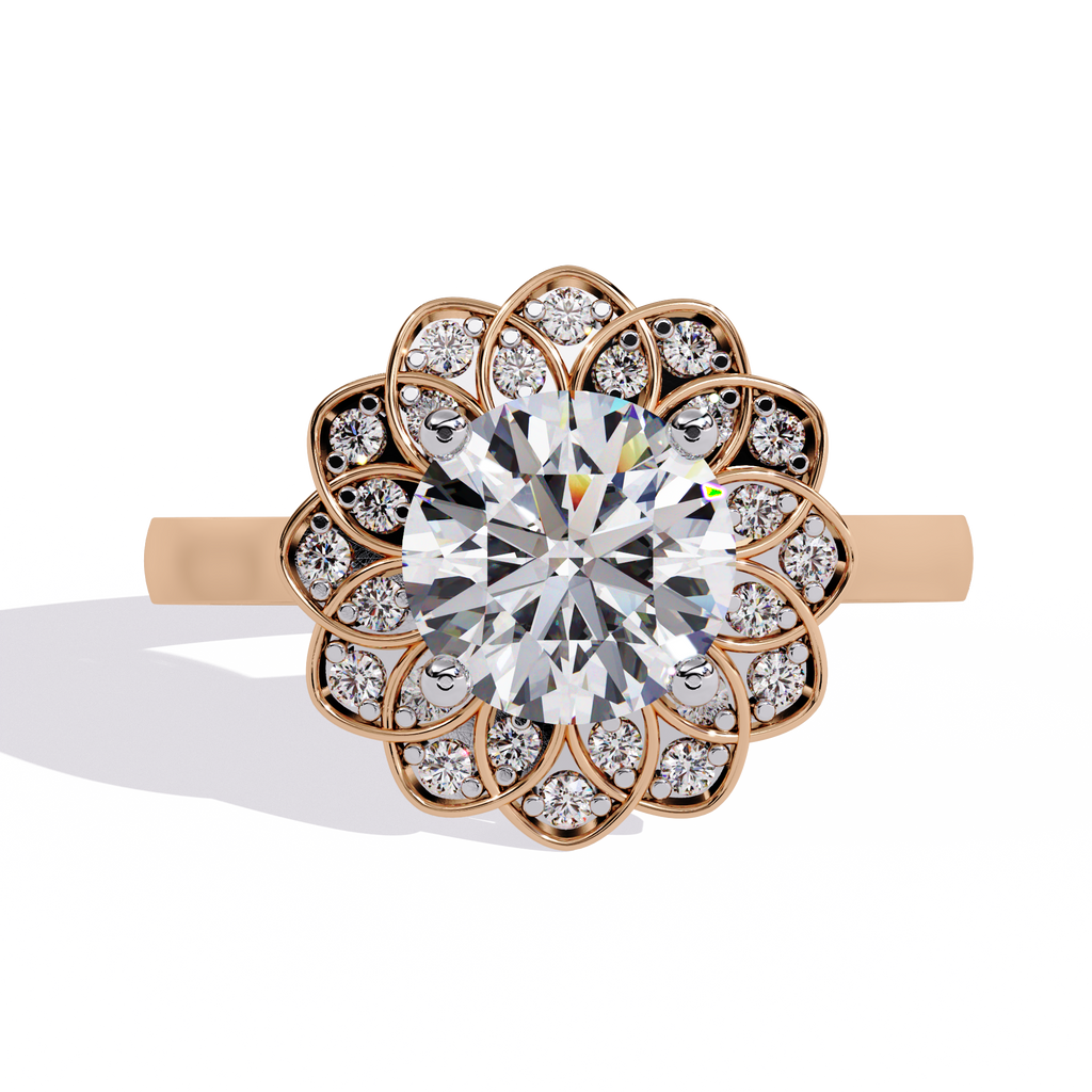 Round Cut Halo Engagement Ring – 1.45 Ct Lab Grown Diamond with Round Accent Stones – Floral Inspired Diamond Halo Ring– Lustraa’s Halo Ring