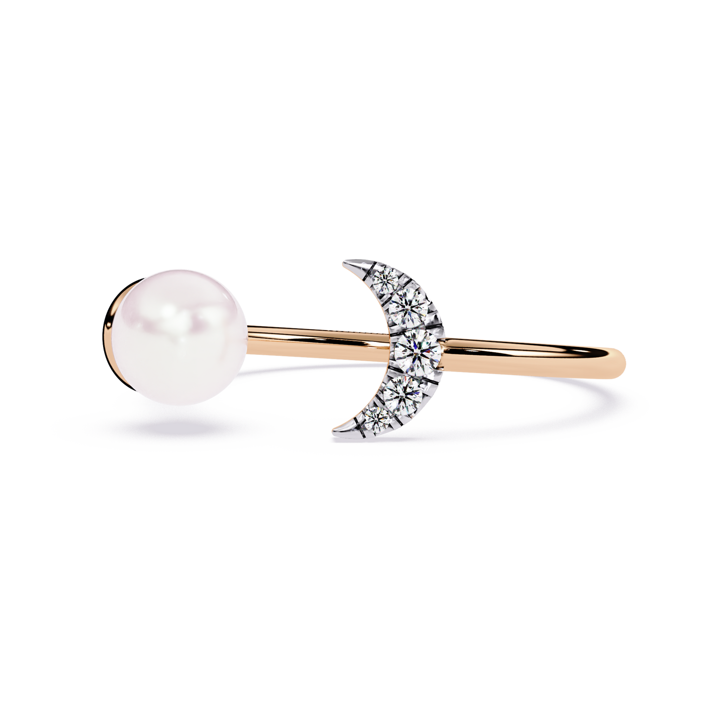 Crescent Moon Pearl Ring | Lab Grown Diamond Celestial Open Ring | Dainty Moon and Pearl Ring - Lustraa’s Celestial Ring
