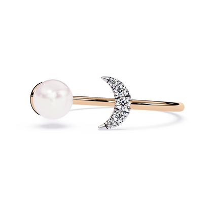Crescent Moon Pearl Ring | Lab Grown Diamond Celestial Open Ring | Dainty Moon and Pearl Ring - Lustraa’s Celestial Ring