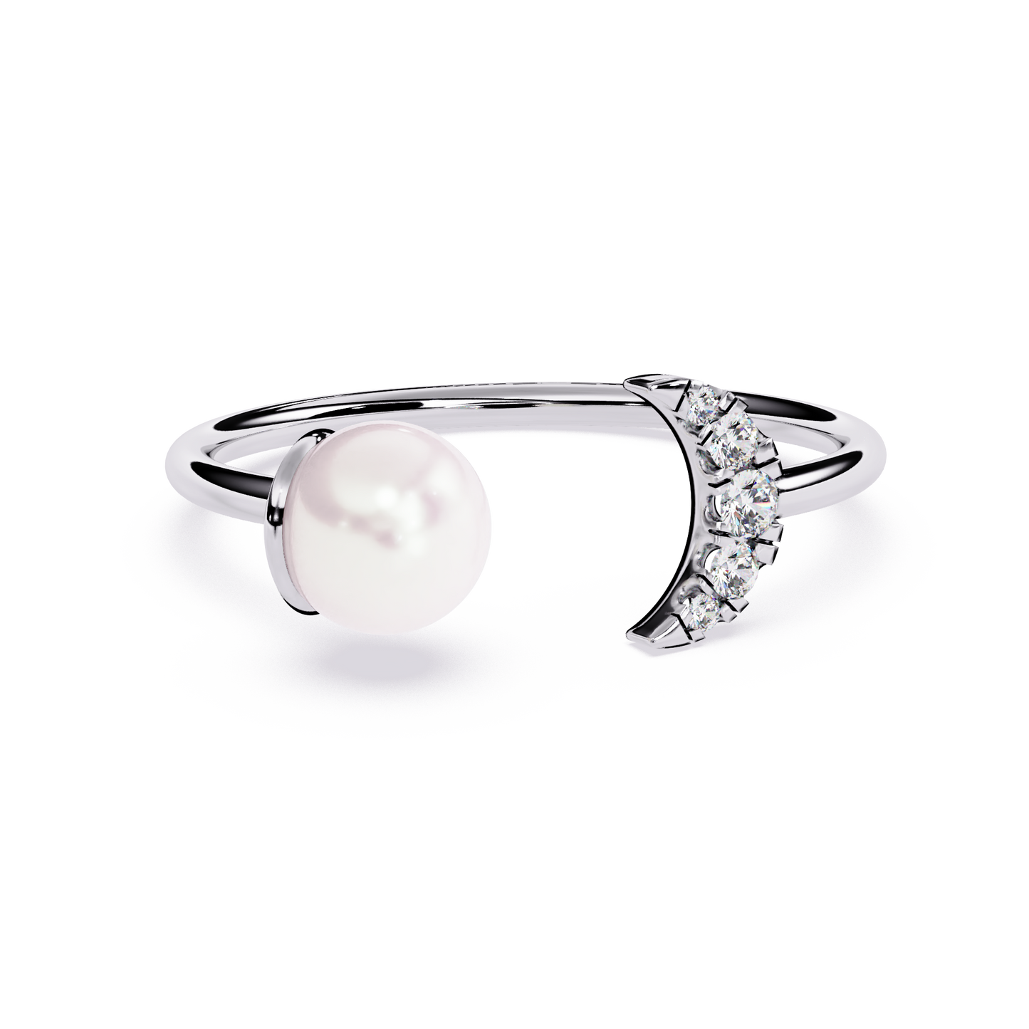 Crescent Moon Pearl Ring | Lab Grown Diamond Celestial Open Ring | Dainty Moon and Pearl Ring - Lustraa’s Celestial Ring