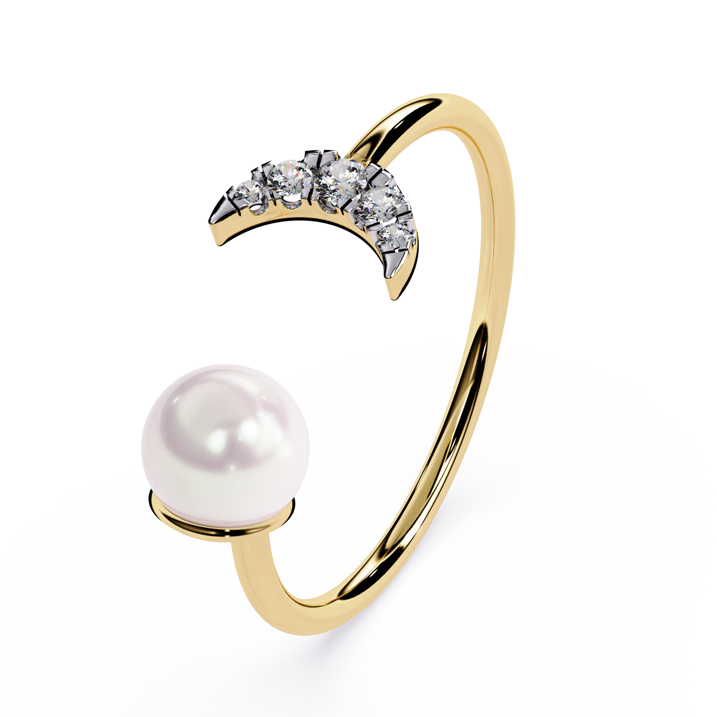 Crescent Moon Pearl Ring | Lab Grown Diamond Celestial Open Ring | Dainty Moon and Pearl Ring - Lustraa’s Celestial Ring