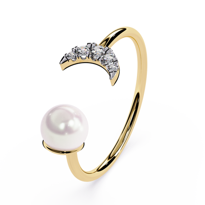 Crescent Moon Pearl Ring | Lab Grown Diamond Celestial Open Ring | Dainty Moon and Pearl Ring - Lustraa’s Celestial Ring