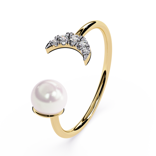 Crescent Moon Pearl Ring | Lab Grown Diamond Celestial Open Ring | Dainty Moon and Pearl Ring - Lustraa’s Celestial Ring
