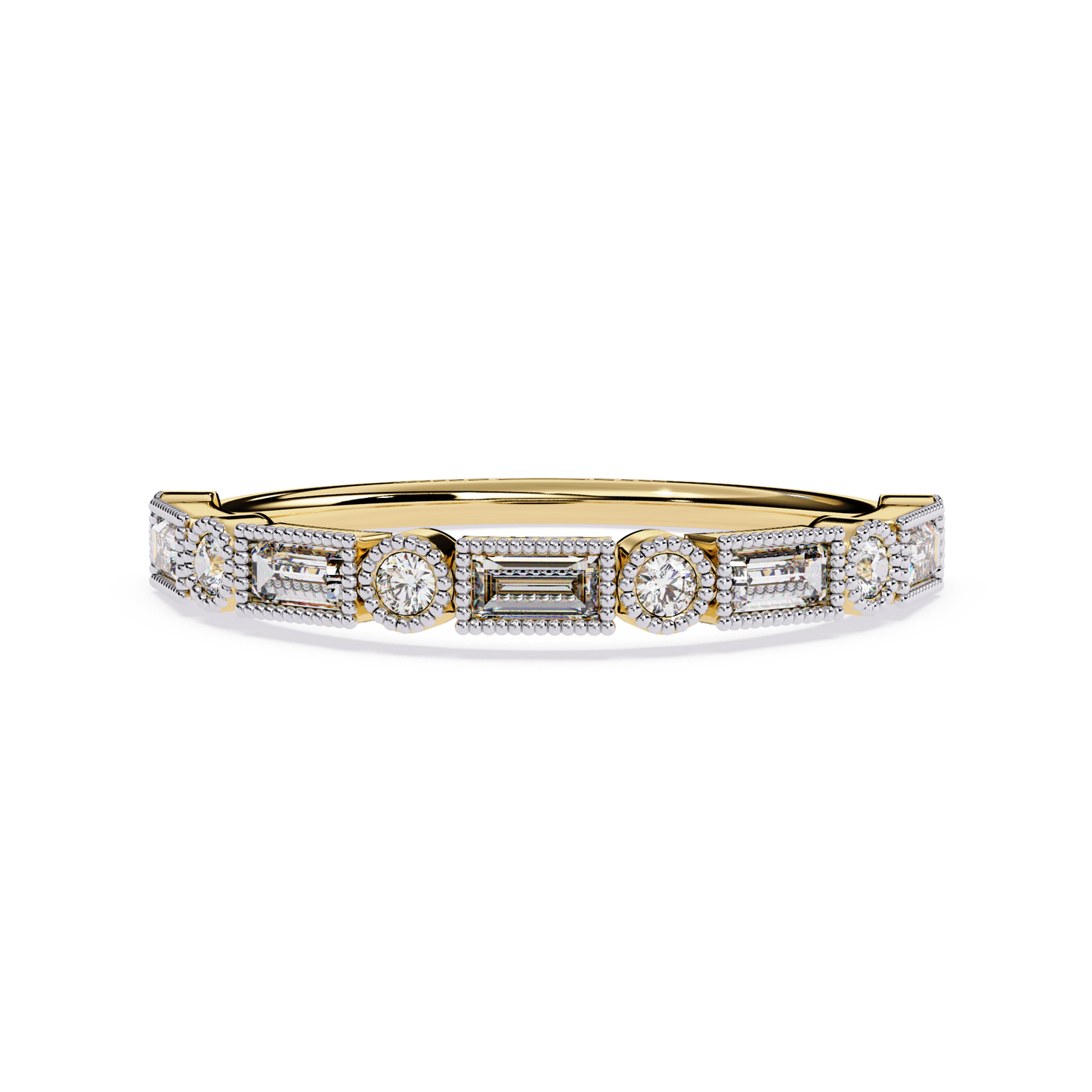 Milgrain Ring with Lab Grown Baguette & Round Diamonds – Vintage-Inspired Stackable Band - Lustraa’s Milgrain Ring
