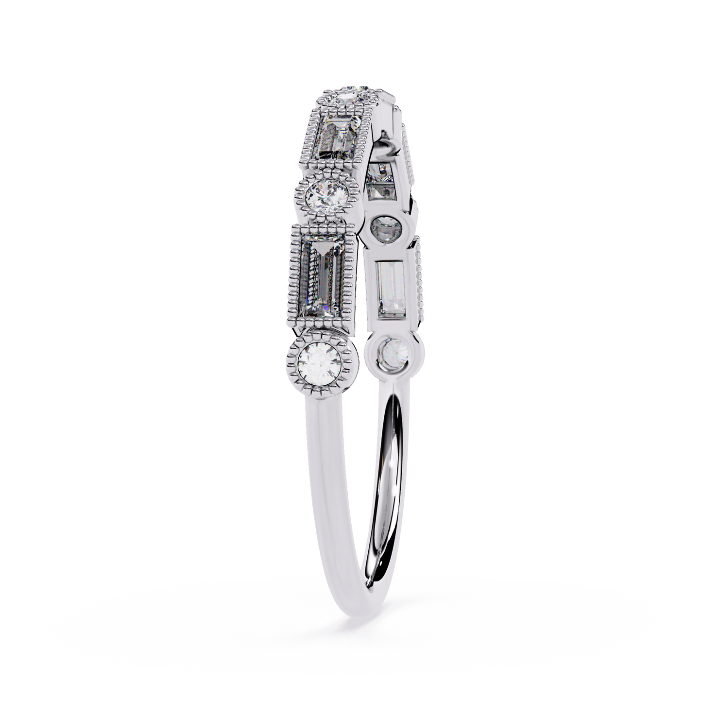 Milgrain Ring with Lab Grown Baguette & Round Diamonds – Vintage-Inspired Stackable Band - Lustraa’s Milgrain Ring