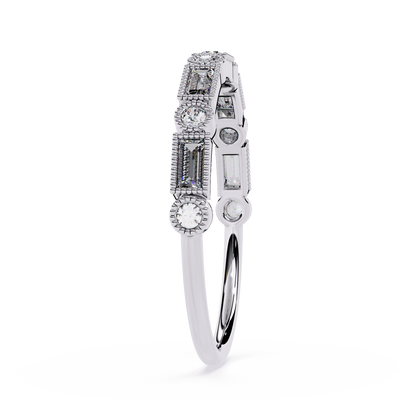 Milgrain Ring with Lab Grown Baguette & Round Diamonds – Vintage-Inspired Stackable Band - Lustraa’s Milgrain Ring