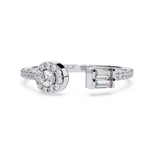 Baguette and Round Diamond Open Ring| Lab Grown Diamond Halo and Solitaire Ring | Modern Minimalist Statement Ring - Lustraa’s Open Band Ring