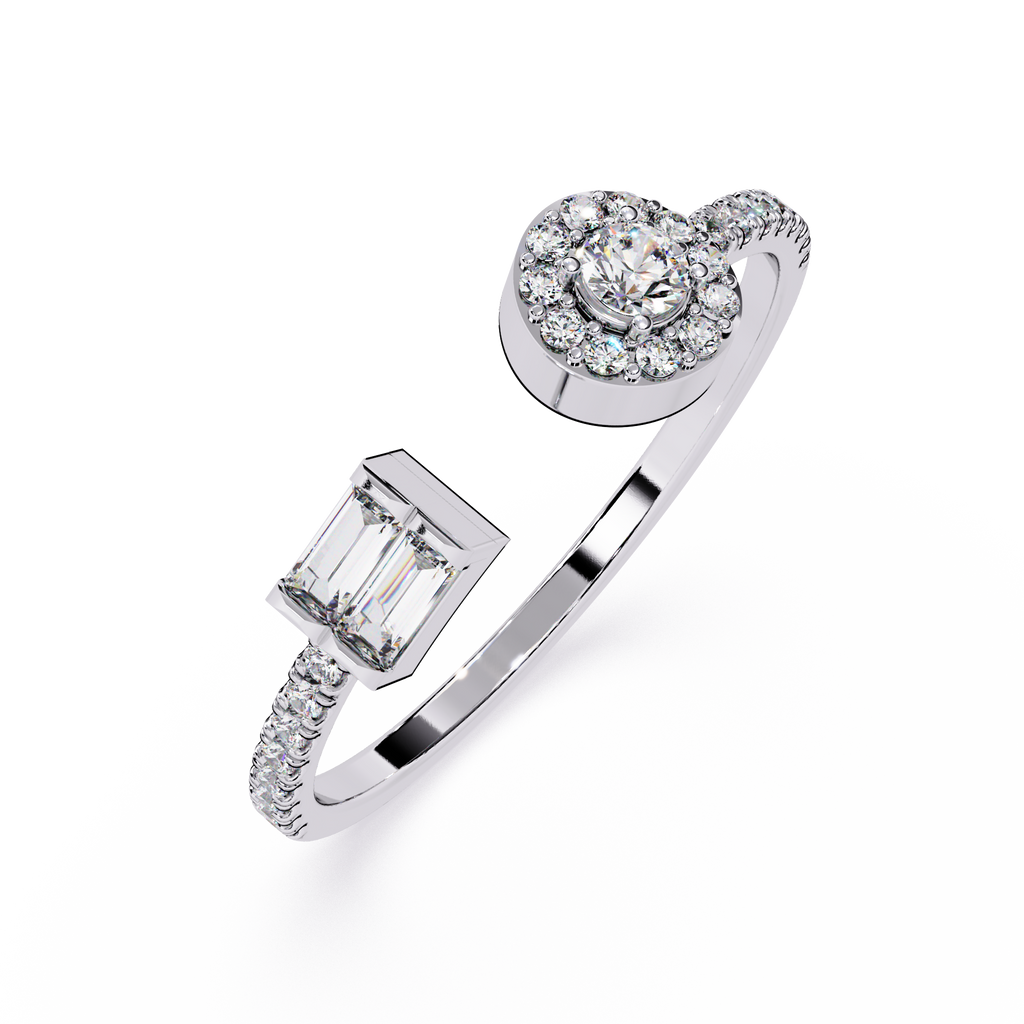 Open Band Halo Diamond Ring – Baguette & Round Lab Diamond Halo Ring – Modern Minimalist Statement Ring – Lustraa’s Open Band Ring