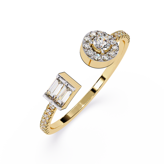 Baguette and Round Diamond Open Ring| Lab Grown Diamond Halo and Solitaire Ring | Modern Minimalist Statement Ring - Lustraa’s Open Band Ring