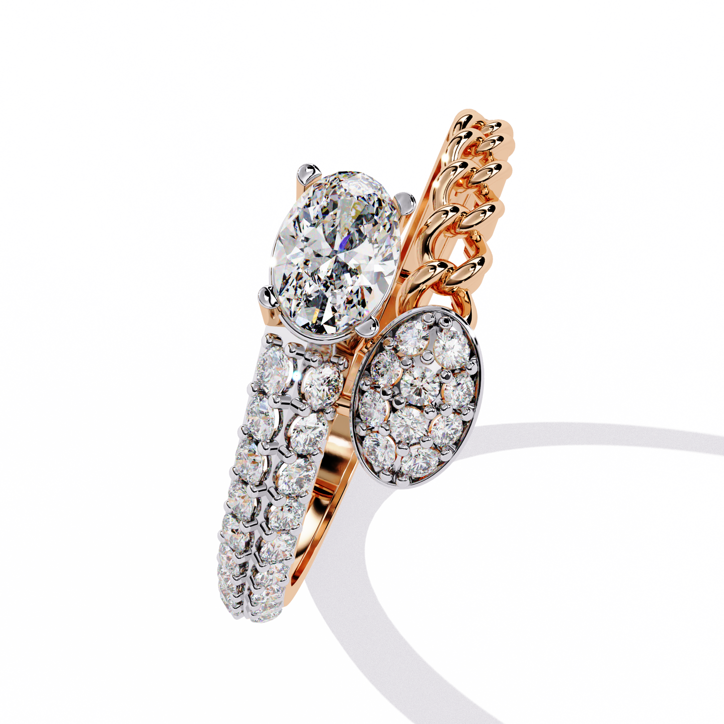 Luxury Oval-Cut Diamond Engagement Ring with Chain Link Design & Pave Setting - Lustraa’s Open Band Ring
