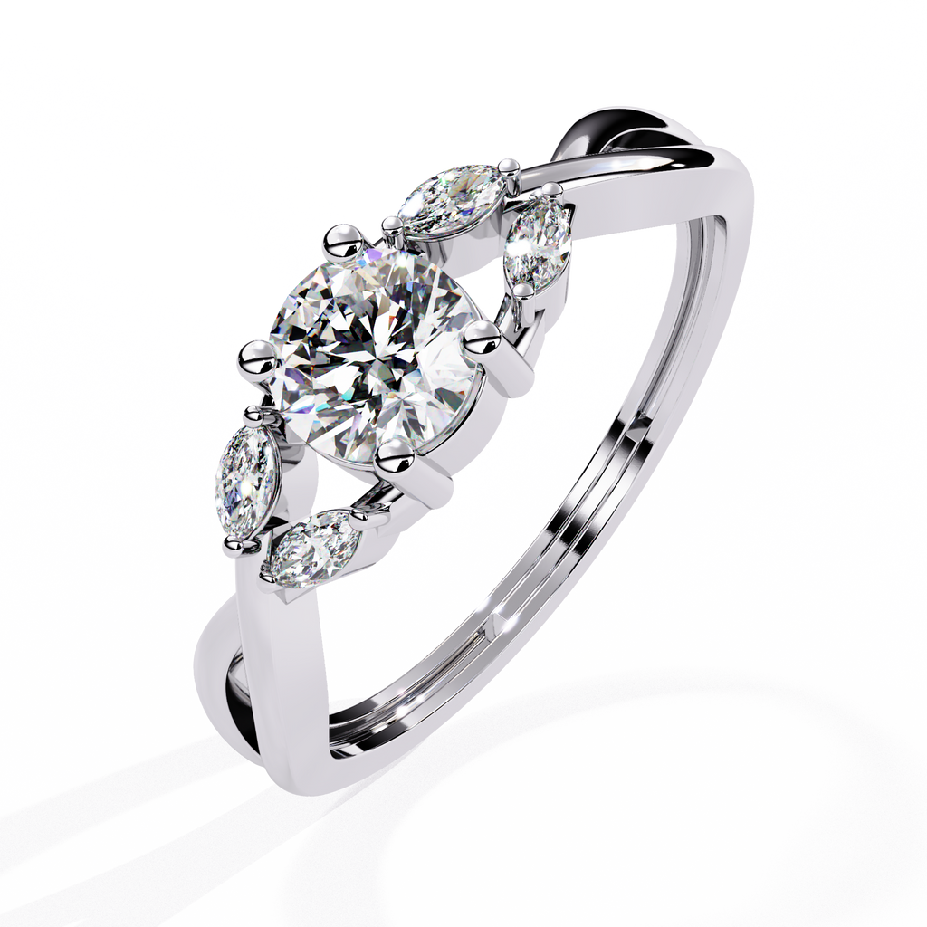 Round Halo Diamond Ring – 0.47 CT Round with Marquise Diamonds – Unique Split Shank Engagement Bridal Jewelry – Lustraa’s Split Shank Ring