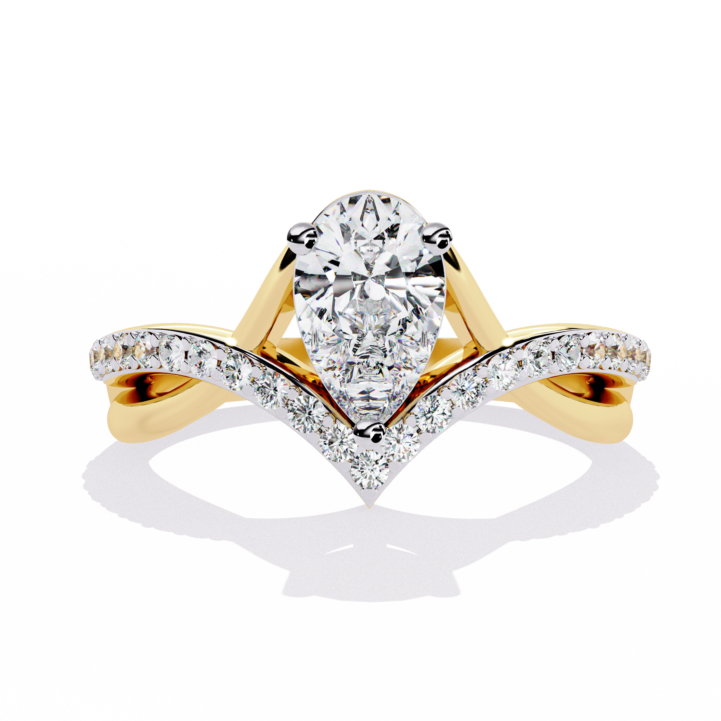 Lab Grown Pear-Cut Diamond Engagement Ring with V-Shaped Pave Band & Twisted Shank – Lustraa’s Fancy Solitaire Ring