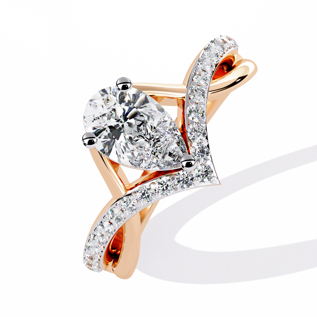Pear Cut Lab Grown Diamond Engagement Ring – V-Shaped Pavé Band with Twisted Shank – Modern Solitaire Ring – Lustraa’s Fancy Solitaire Ring