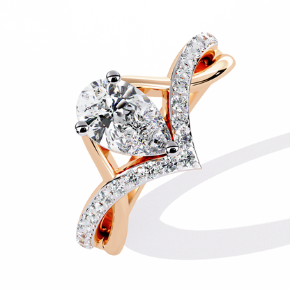 Lab Grown Pear-Cut Diamond Engagement Ring with V-Shaped Pave Band & Twisted Shank – Lustraa’s Fancy Solitaire Ring