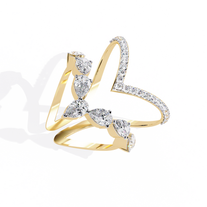 Dual Butterfly Diamond Ring - Lab Grown Diamond Statement Ring– Pear & Round Diamond Open Crossover Statement Design – Lustraa’s Butterfly Ring