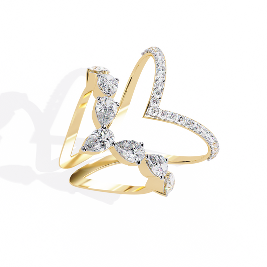 Dual Butterfly Diamond Ring - Lab Grown Diamond Statement Ring– Pear & Round Diamond Open Crossover Statement Design – Lustraa’s Butterfly Ring