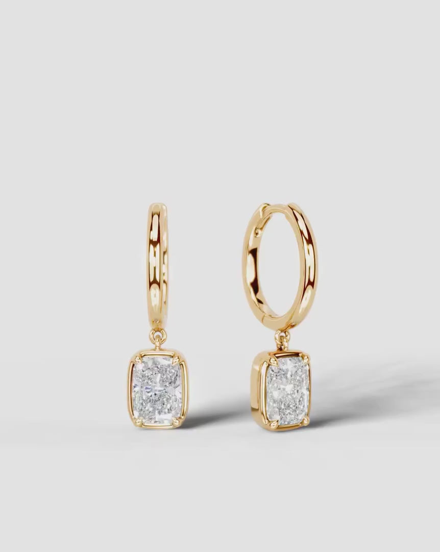 Lab Grown Diamond Elongated Cushion Bezel Dangle Huggie Hoop Earrings