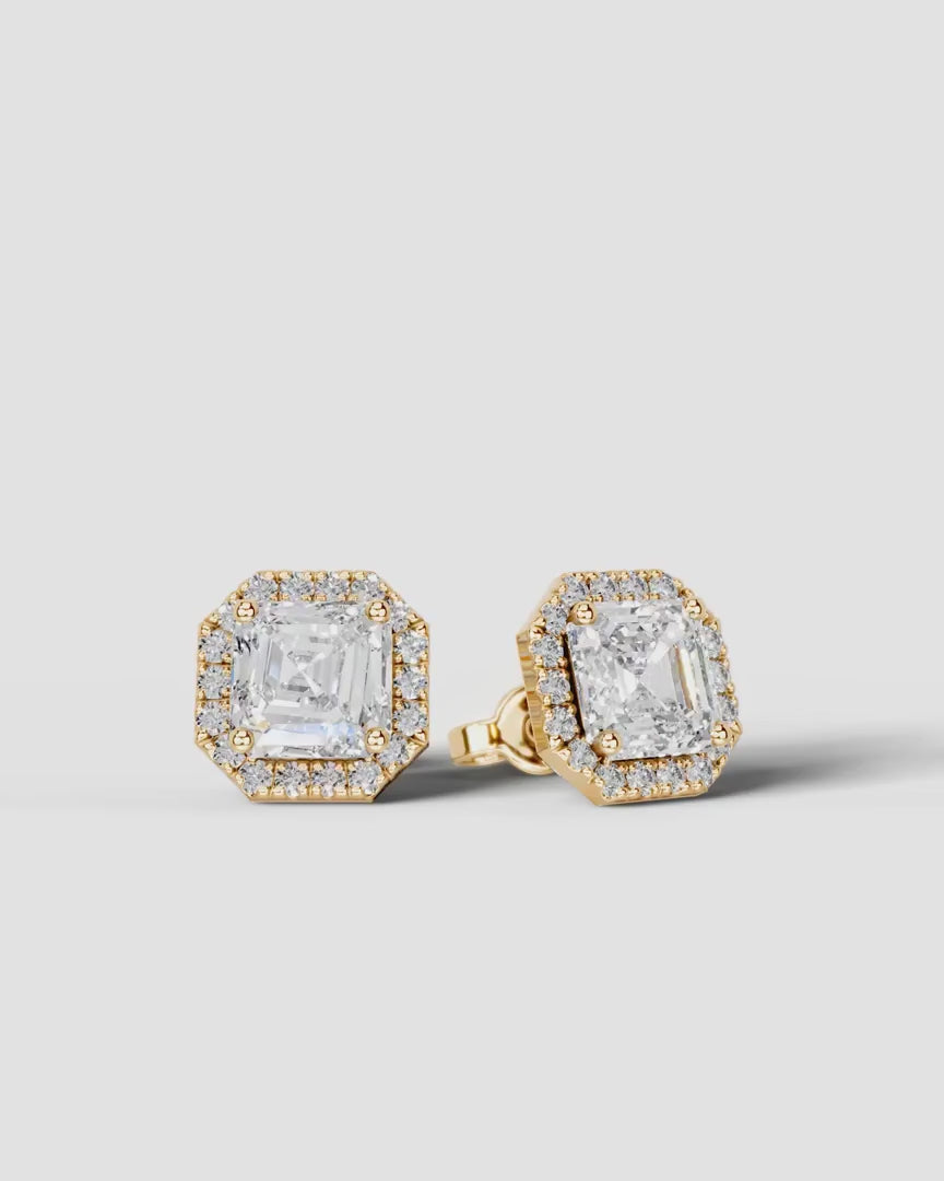 Lab Grown Diamond Octagon Halo Asscher Cut Stud Earrings