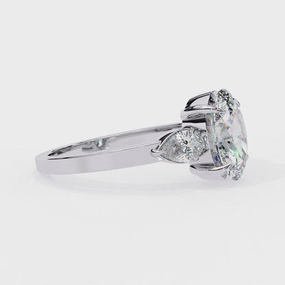 1.20 Carat Oval Cut Lab Grown Diamond Engagement Ring – Three Stone Diamond Ring with Pear Side Stones – Lustraa’s Three Stone Ring
