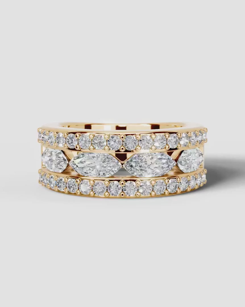 Lab Grown Diamond Marquise Cut Triple Row Pavé Wedding Ring