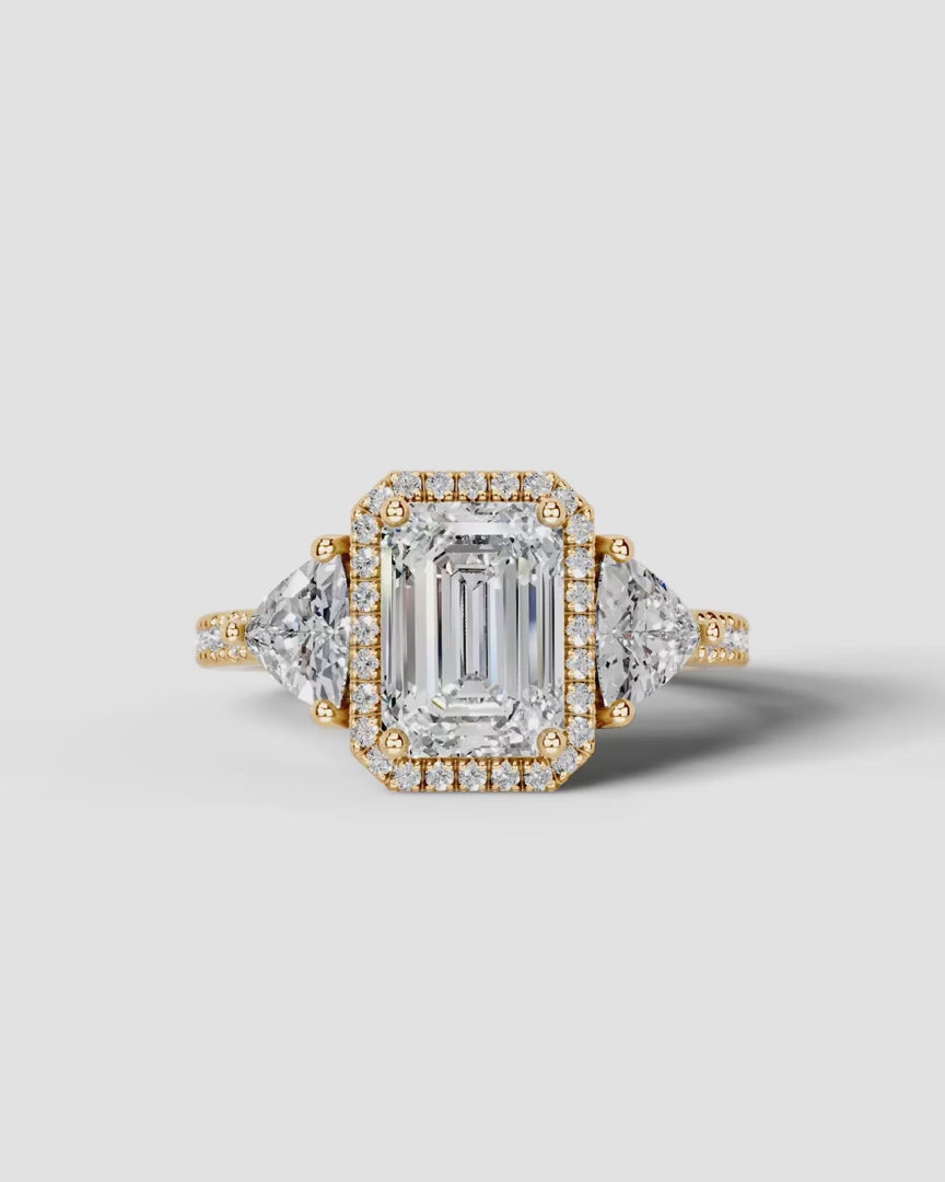 2 Carat Lab Grown Emerald Cut Diamond Halo Three-Stone Ring