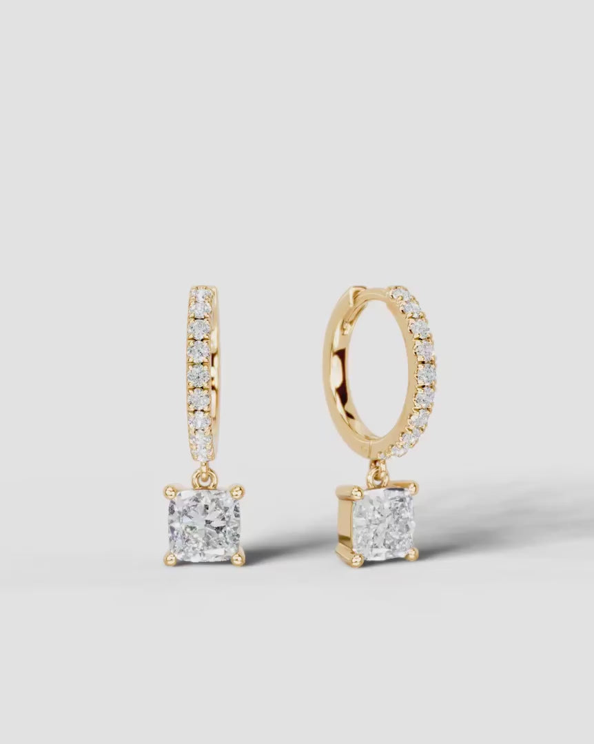 Lab Grown Diamond Square Cushion Cut Pavé Dangle Huggie Hoop Earrings