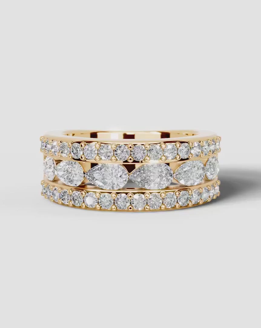 Lab Grown Diamond Pear Cut Triple Row Pavé Wedding Band Ring
