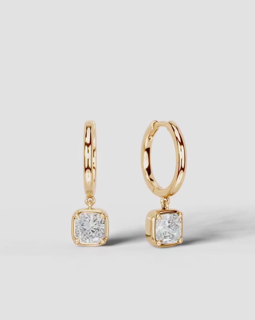 Lab Grown Diamond Square Cushion Bezel Dangle Huggie Hoop Earrings