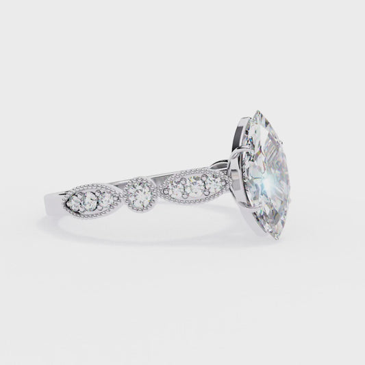 0.82 Carat Marquise Cut Lab Grown Diamond Ring – Elegant Engagement Ring with Milgrain Marquise and Round Shaped Band- Lustraa’s Milgrain Ring