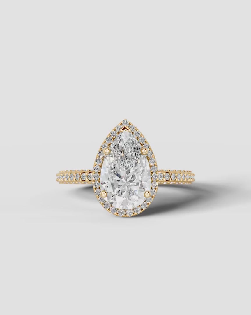 2 Carat Lab Grown Diamond Lyra Pear Cut Pavé Halo Engagement Ring