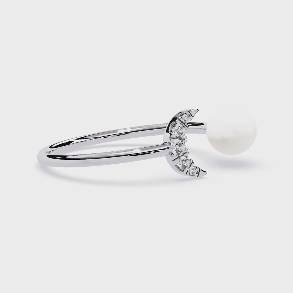 Crescent Moon Diamond Ring – Lab Grown Pearl Celestial Open Dainty Ring - Lustraa’s Celestial Ring
