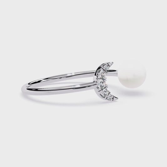 Crescent Moon Pearl Ring | Lab Grown Diamond Celestial Open Ring | Dainty Moon and Pearl Ring - Lustraa’s Celestial Ring