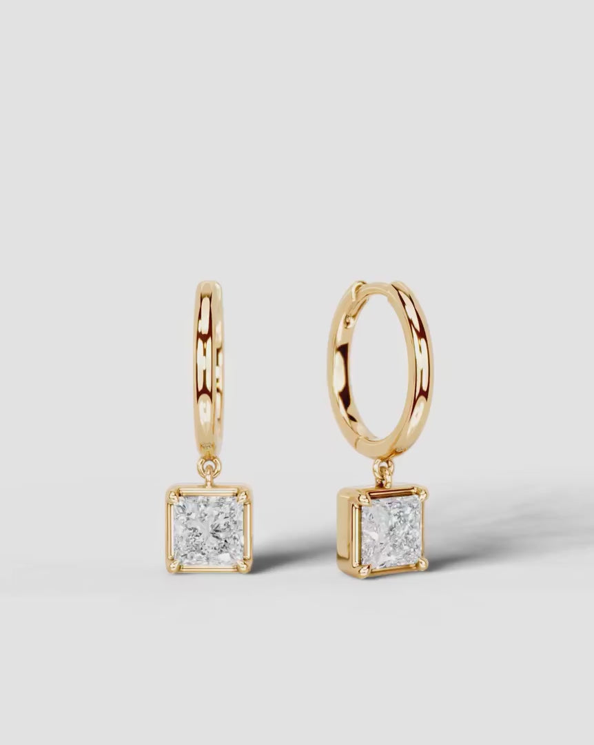 Lab Grown Diamond Princess Cut Bezel Dangle Huggie Hoop Earrings