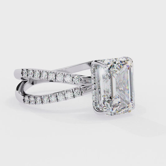 2.56 Carat Emerald Cut Diamond Engagement Ring – Hidden Halo Criss Cross Band Lab Grown Diamond Ring - Lustraa’s Criss Cross Ring