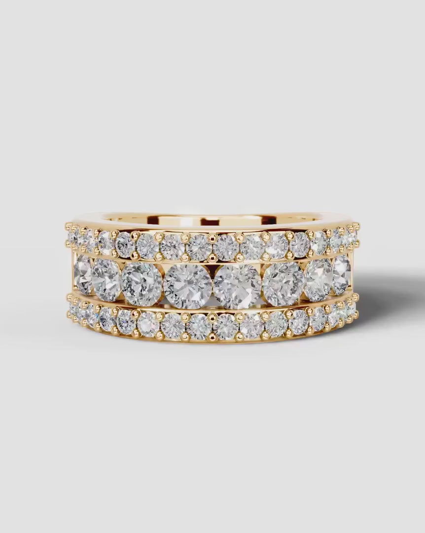 Lab Grown Diamond Round Brilliant Cut Triple Row Pavé Wedding Band Ring