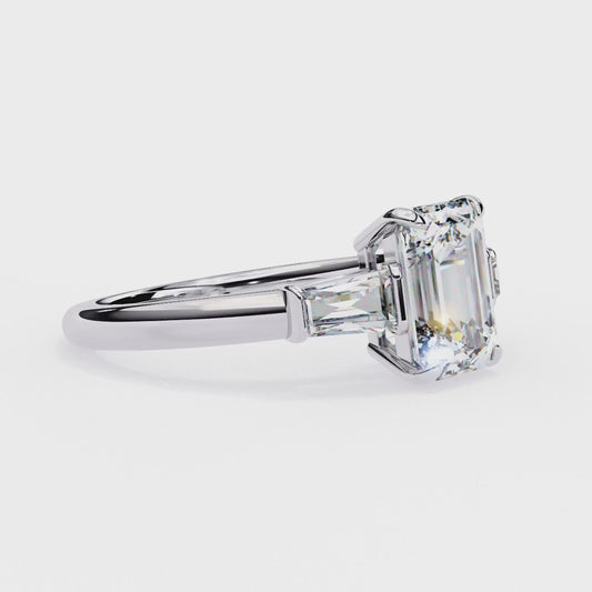 2.27 Carat Emerald Cut Lab Grown Diamond Ring – Elegant Three Stone Engagement Ring with Baguette Side Diamonds- Lustraa’s Three Stone Ring