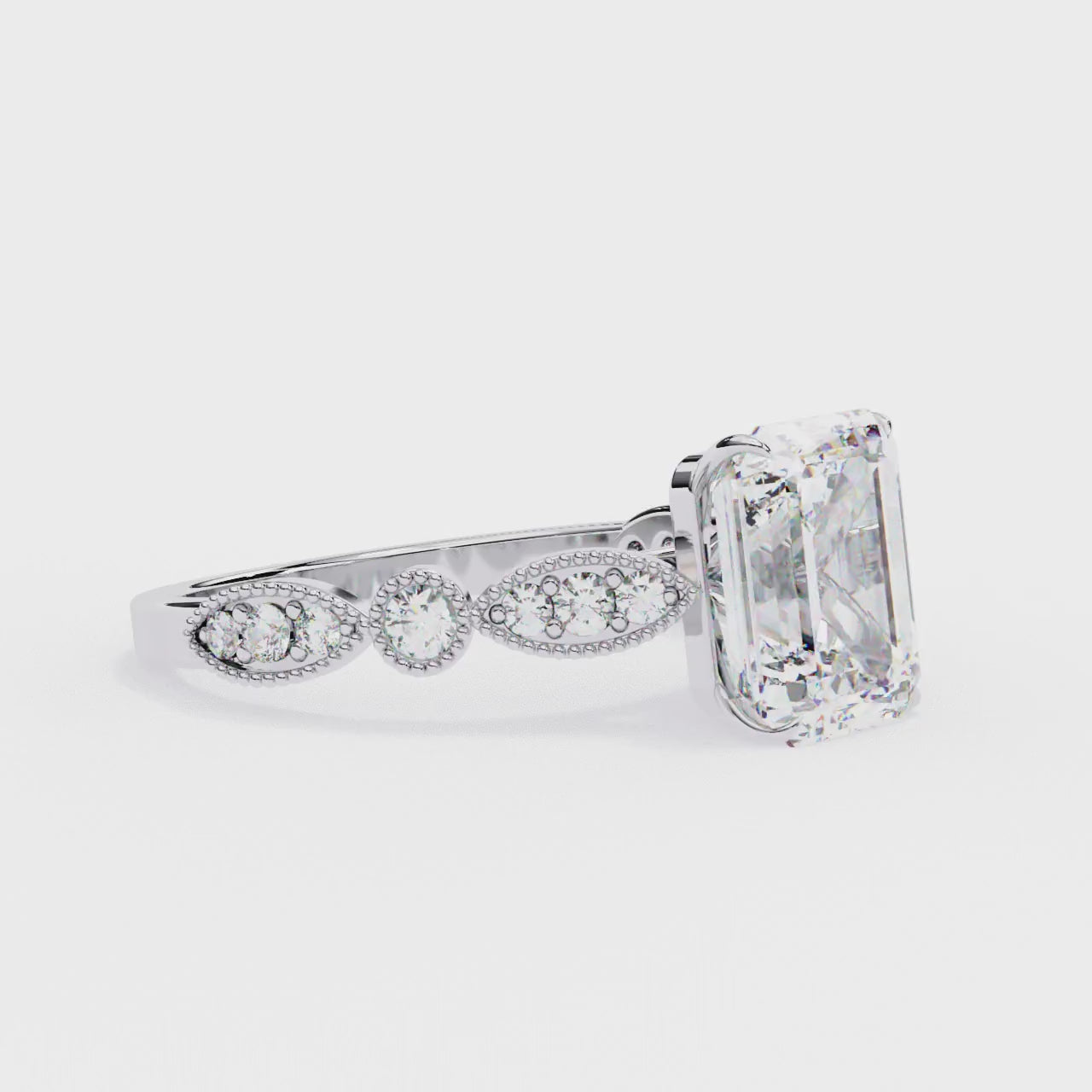 Emerald Cut Lab Grown Diamond Engagement Ring – 2.56 CT Bridal Ring with Milgrain Marquise and Round Band- Lustraa’s Milgrain Ring