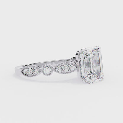 2.56 Carat Emerald Cut Lab Grown Diamond Ring – Elegant Engagement Ring with Milgrain Marquise and Round Shaped Band- Lustraa’s Milgrain Ring