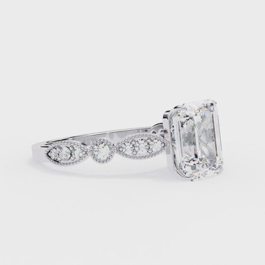 2.56 Carat Emerald Cut Lab Grown Diamond Ring – Elegant Engagement Ring with Milgrain Marquise and Round Shaped Band- Lustraa’s Milgrain Ring