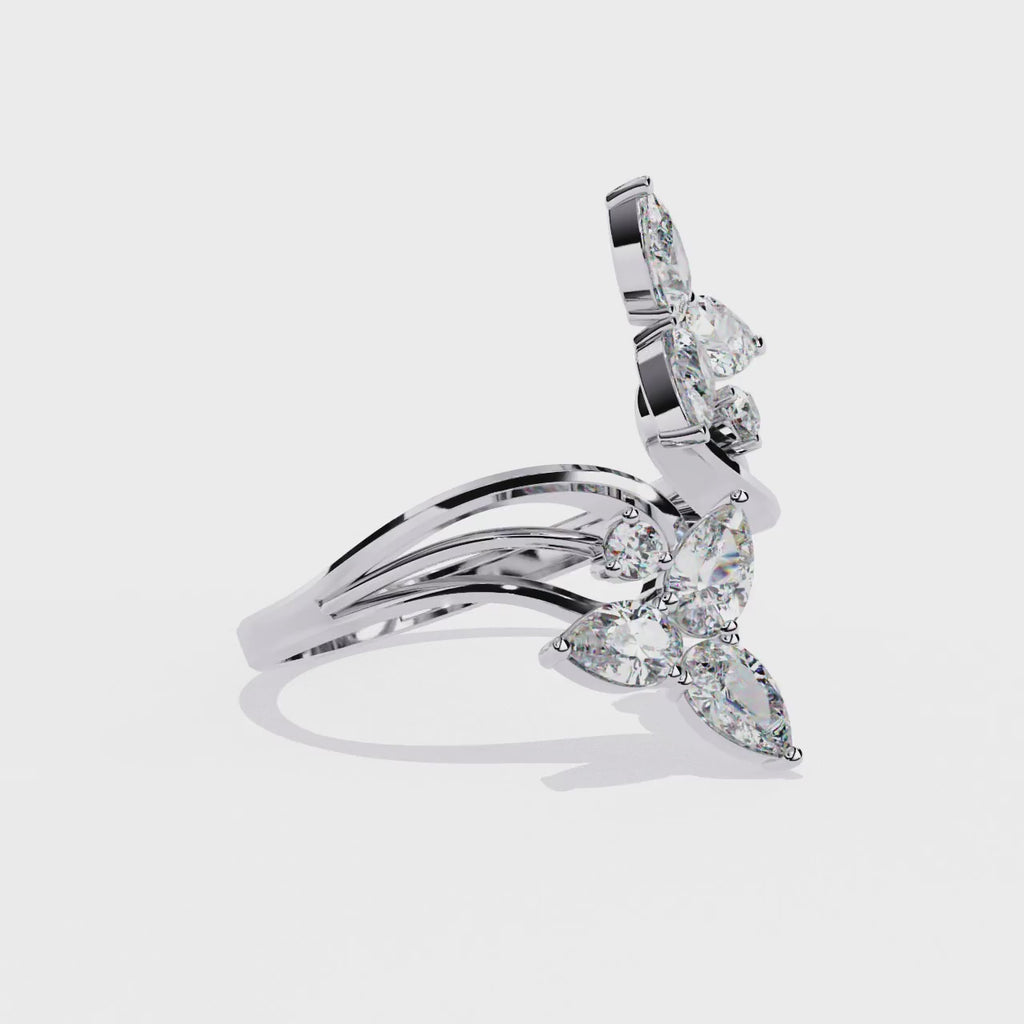 Lab Grown Diamond Floral Ring – Pear & Round Diamond Open Wrap Statement Ring – Unique Cocktail Ring – Lustraa’s Floral Ring